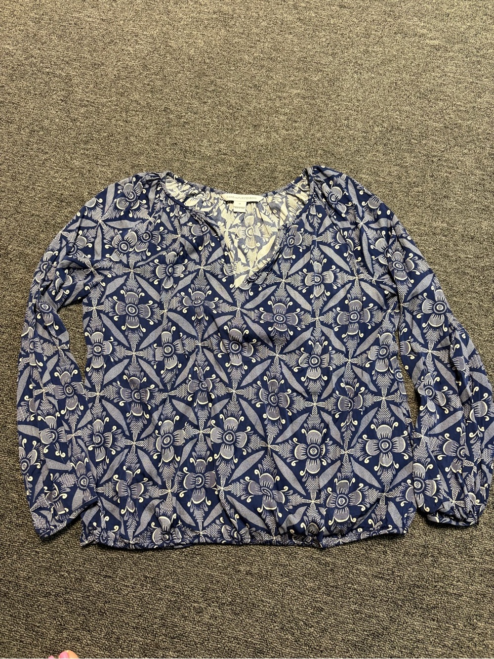 Diane Von Furstenberg Navy and White Floral Tile Print V-Neck Blouse